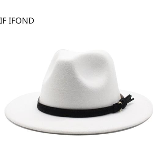 2021 Gangster Trilby Felt Fedora Hat European American Wide Brim Top Jazz Caps Women Men Wool White Wedding Hat 56-58-61CM