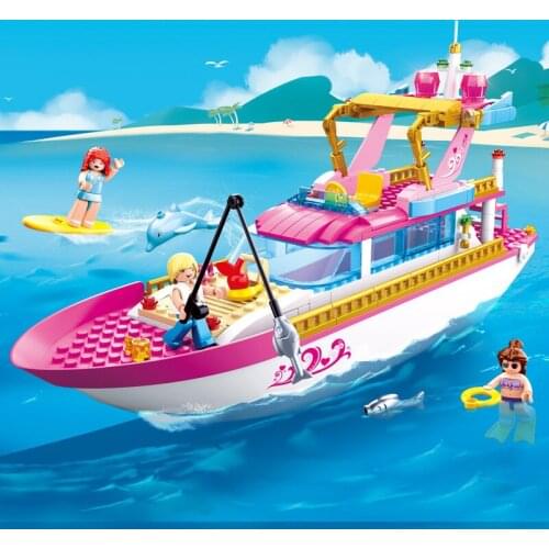 SLuban 212pcs Street View Pink Dream Series Holiday Yacht Building Block House Model Toy For Girls Christmas Birthday Gifts DIY