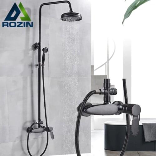 Black Bronze Rainfall Bathroom Shower Mixer Faucet Wall Mount Brass Shower Set with Hand Shower Height Adjustable Taps
