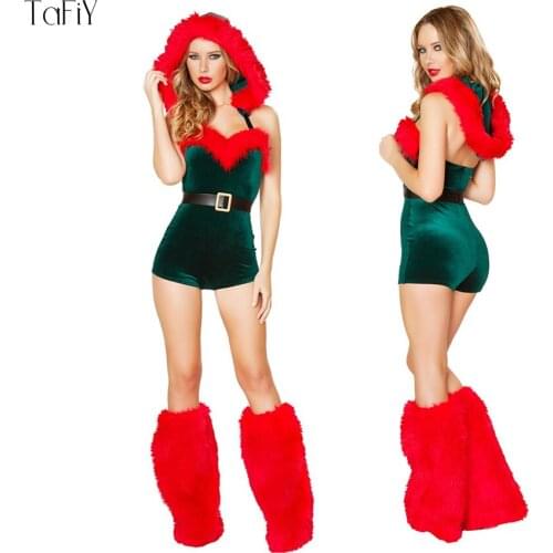 TaFiY 3pcs Sexy Christmas Costumes For Women Deep-V Blue Fancy Jumpsuit With Hat Xmas Party Adult Women Santa Cosplay Costume