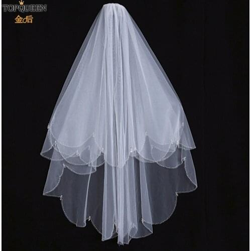 TOPQUEEN V102 Bridal Veils Wedding Crystal Beaded Wedding Veil with Crystal Rhinestone Edge Veu Bride Short Two Tier with Comb