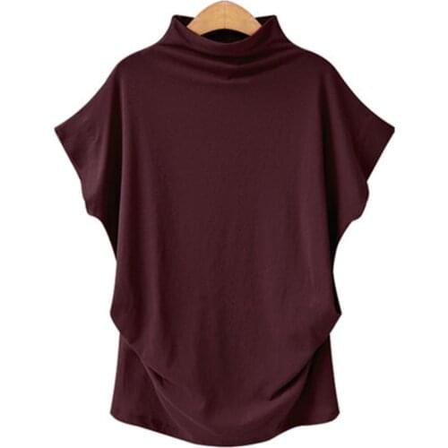 Turtleneck women t-shirts 2019 summer news ruffles slim bat wing sleeved solid lady t-shirt outwear tops tees 95% cotton