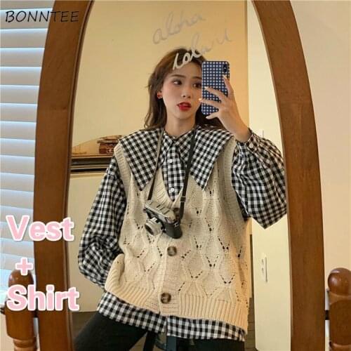 Sets Women Retro Autumn Ins Chic Preppy Ladies 2 Piece Outfits Popular All-match Hollow Out Design Vest Plaid Tops Streetwear