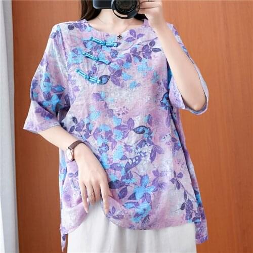 2021 Lady Retro Chinese Style Hanfu Tops Traditional Elegant Women Blouse Fashion Oriental Clothing Cotton Linen Print Shirts