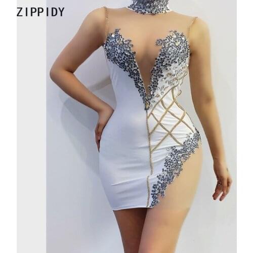Transparent Chest Rhinestones Dress Bar Birthday Celebrate Short Dress Outfit Prom Women Singer Dance White Dress