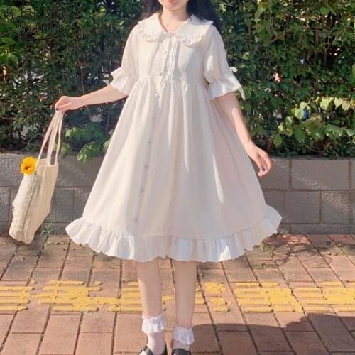 Vestidos Japanese Sweet White Lolita Dress Summer Peter Pan Collar Loose Kawaii Dress Women Flare Sleeve Chiffon Dresses 13647