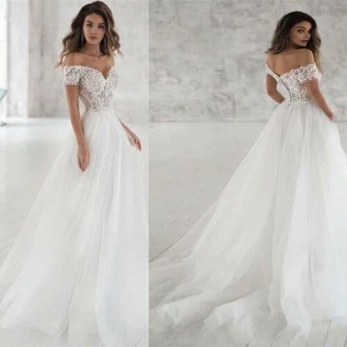 Applique Off-Shoulder Simple Short Sleeve Tulle Sweep Train A-Line Backless Wedding Gown Wedding Dress Bride robe de mariée