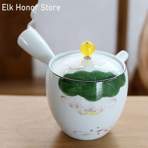 150ml Retro Hand Painted Lotus Art Ceramic Side Handled Teapot Blue And White Jade Porcelain Teapot Kung Fu Tea Master Pots Gift