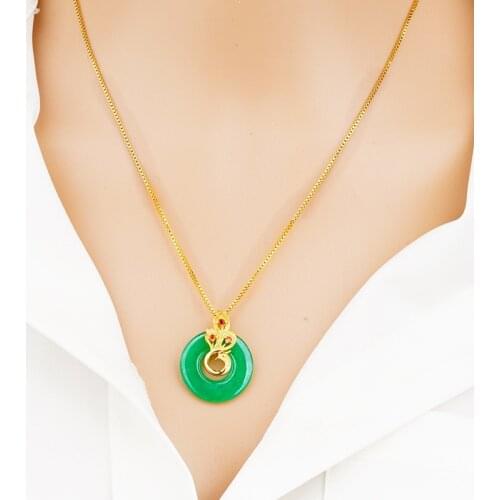 24K Gold Chian with Green Jade Womens Necklace Corundum Pendant Jade Turquoise Collarbone Jewelry Jade Gemstone Bizuteria