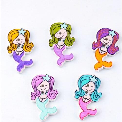 Free Shipping Retail 30Pcs Mixed 2 Holes Cartoon Little Mermaid Shape Wood Sewing Buttons Scrapbooking 18x30mm