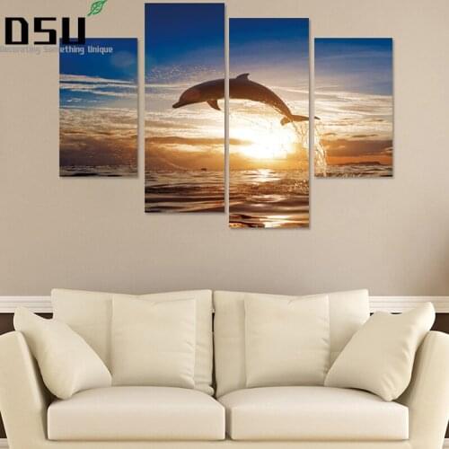 4pcs/set Dolphin Sunset Combination Wall Sticker 3D DIY Sea Wall Decals Sofa Background Poster Self-adhesive Animal Art Mural