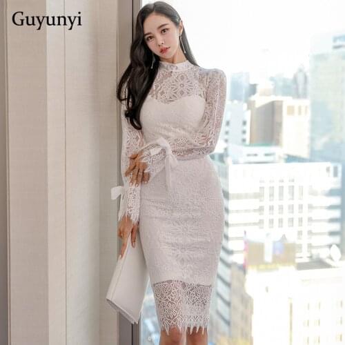 Black White Lace Dress 2021 Spring High Waist Office Lady Dress Tight Stand Collar Long Sleeves Elegant Party Dress Women