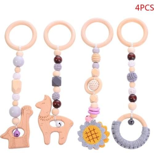 4 Pcs/Set Baby Play Gym Wooden Frame Stroller Hanging Pendant Teether Molar Teething Nursing Rattle Toys Gifts Wholesale
