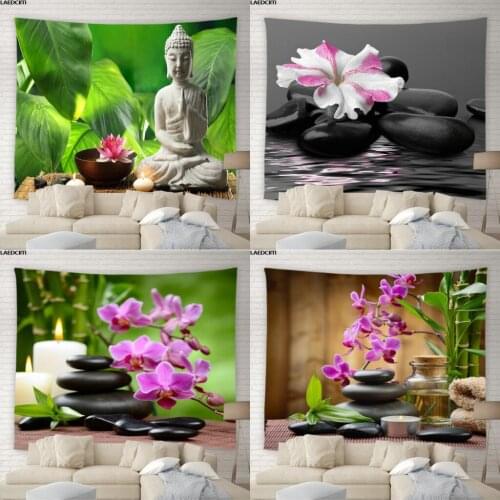 Zen Spa Tapestry Indian Bohemian Orchid Flowers Green Plants Natural Scenery Background Cloth Beach Towel Yoga Mat Home Decor