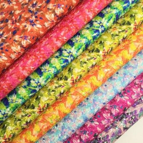 LEOsyntheticoDIY Flowers Printed Chunky Glitter Vinyl Fabric Sheet Felt Backing Synthetic Leather Faux Vinil DIY A4 SIZE R028A