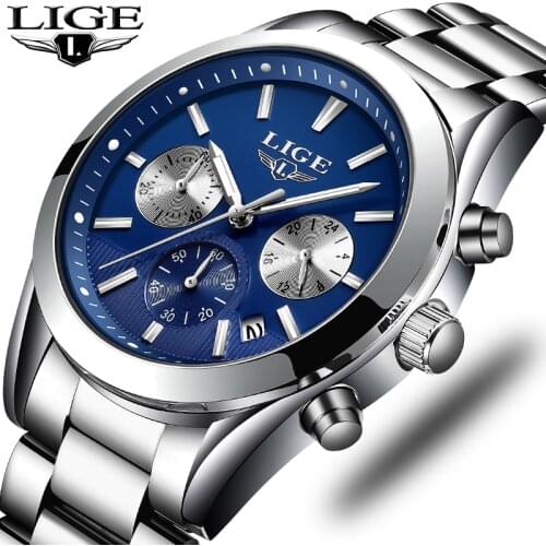 LIGE New Watch Mens Military Waterproof Top Brand Watches Stainless Steel Quartz Clock Man Full Steel Wrist Watch Relogio 2019