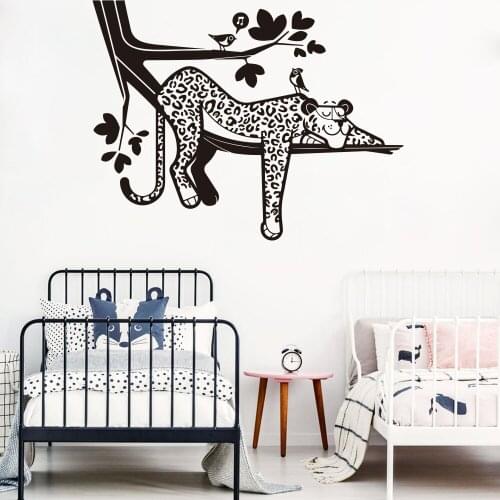Cartoon Sleepy Lazy Leopard Wall Decal Safari Tree Forest Jungle Hanging Leopard Animal Branch Bird Vinyl Sticker Bedroom Z364
