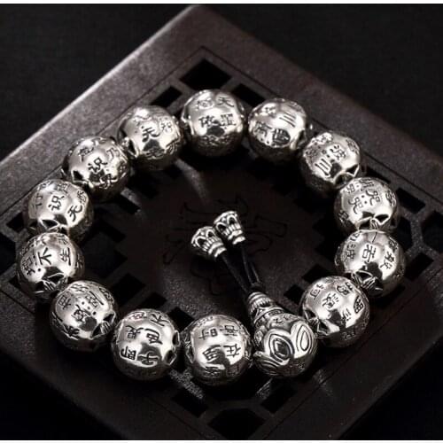Solid 925 sterling Silver Heart Sutra Buddhism bead VINTAGE bracelet bangle men women Jewelry A2346