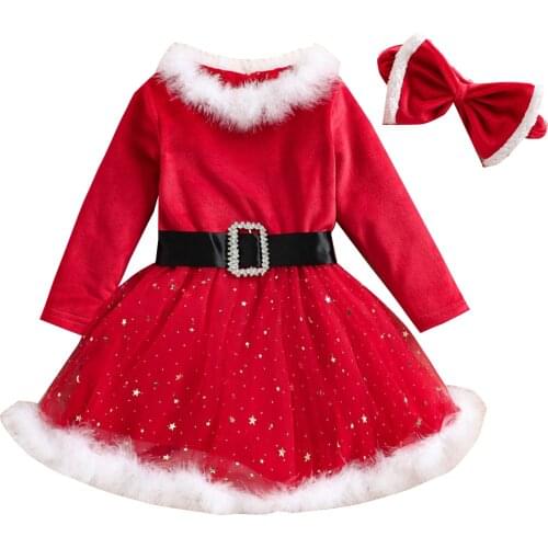 Citgeett Autumn Christmas Princess Kids Baby Girls Dress Headband Fur Collar Long Sleeve Belt Sequined Velvet Dress Xmas Clothes