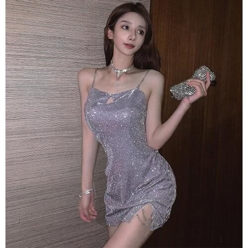 Summer Womens New Sparkle Sexy Chain Spaghetti Strap Package Hip Dress Short Dress Womens Clothes