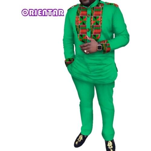 Casual Men African Clothes African Print Patchwork Shirt and Pants Set Long Sleeve T Shirt Trousers Men Suits Dashiki WYN543