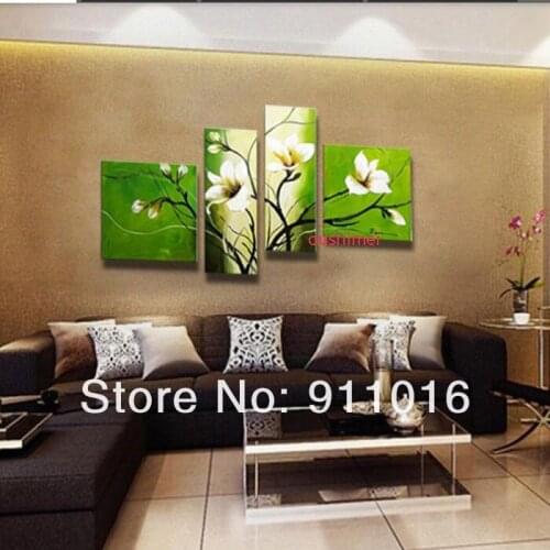 Handpainted 4 Piece Modern Decorative Oil Painting Canvas Wall Art Green Flower Pictures For Decor Living Room As Unique Gift