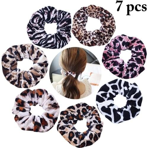 7pcs Classic Simple Smooth Animal Velvet Hair Scrunchies Leopard Print Houndstooth Pattern Spring Hairbands Accessory Rated