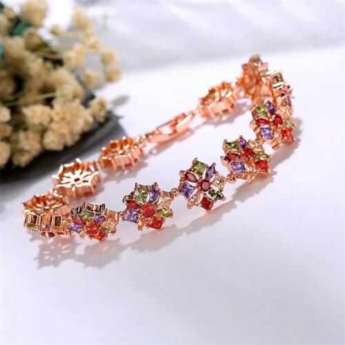 Luxury Rainbow Crystal Flower Snowflake Bracelet Length 16.5cm Rose Gold Color Buckle Bracelets For Women Birthday Gift