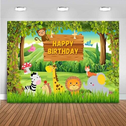 Safari Animal Birthday Backdrop Jungle Green Forest Backgrouns Boy Safari Birthday Party Decoration Cake Table Banner