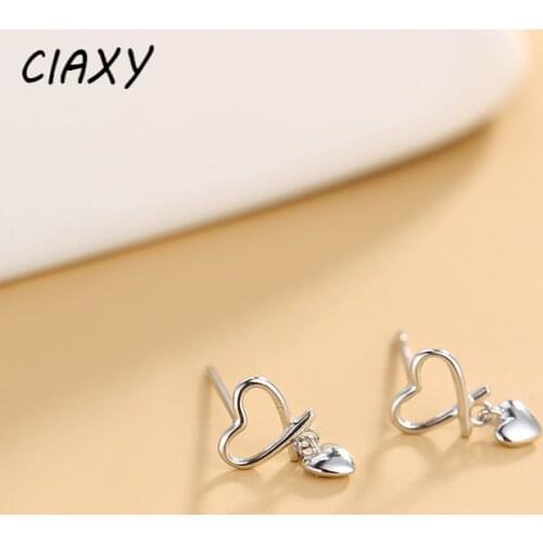 CIAXY 925 Sterling Silver Hollow Love Ear Studs Female Girl Small Water Drop Heart-shaped Earrings Korean Fashion Jewelry