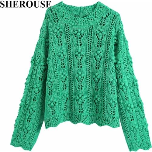 SHEROUSE 2021 Fashion Women Pompoms Hollow Out Knitted Pullover Sweater Vintage Long Sleeves O-neck Sweaters Chic Tops Woman