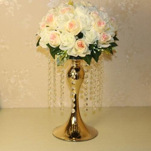 Wedding decoration gold crystal centerpiece flower vase stand candle holder metal candlestick with acrylic beads 34 cm tall