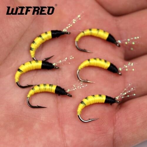 Wifreo 10PCS Size #6 Flasher Red Yellow Pupa Larva Nymph Fly for Trout Bass Fishing Lures Artificial Lure Baits