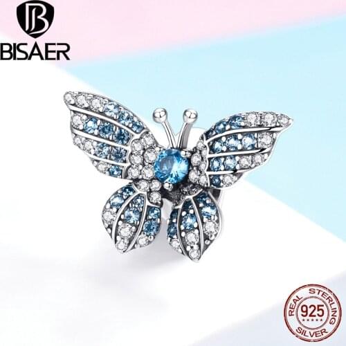 BISAER Hot Sale 925 Sterling Silver Crystal Butterfly Beads Zircon Charms fit for Bracelets Bangles Silver 925 Jewelry EFC061