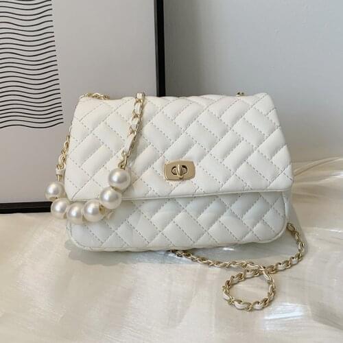 Quilted Pearl Chain Shoulder Bags for Women Lozenge Crossbody Bags Lady Simple Lattice Messenger Bag Small Leather Flap Handbags