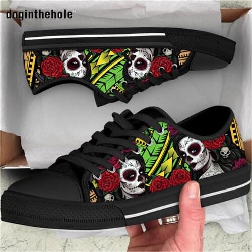 Doginthehole Women Flats Shoes Polynesian Tribal Skull Day of the Dead Printed Low Top Canvas Shoes for Women Lady Sneaker