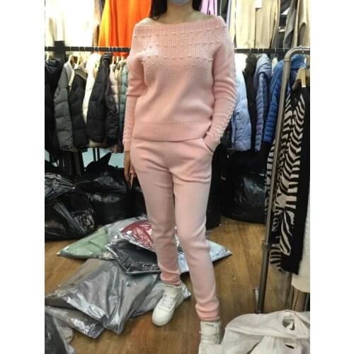 2020 Wool Promotion Womens Cashmere Suit Heavy Work Beaded Knit Fashion Word Collar Sweater Trousers Two Sets Of Warm Women