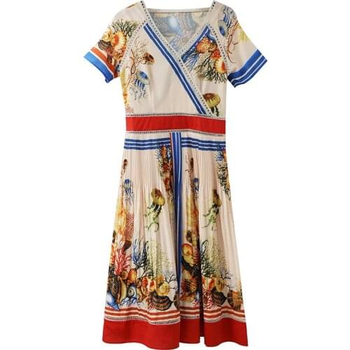 PERHAPS U Print Ruched Patchwork Dress V Neck Empire Zipper Short Sleeve Long Dress Elegant Summer Women Female D1693