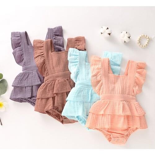 2021 Newborn Infant Baby Girl Clothes Lace Linen Romper Sunsuit Overall Outfit Sleeveless Backless Jumpsuit Playsuit Clothes