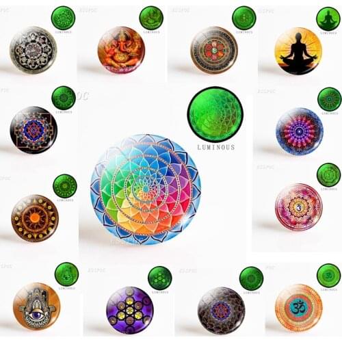 5pcs/set Fashion Round 25MM Luminous Glass Doem Cabochon Image Flower Mandala Yoga Symbol Stone for Jewelry Gift