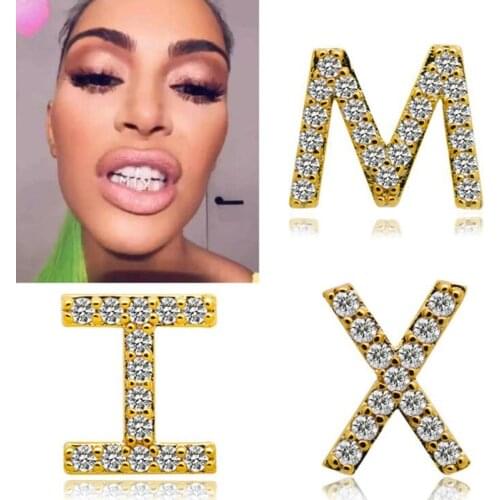 A-Z 26 Letters Teeth Grillz Iced Out Pave CZ Zircon Stone Single Name Teeth Grills Rhinestone Tooth Cap Hip Hop Rapper Jewelry