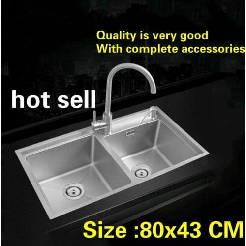 Free shipping Hot sell standard individuality kitchen manual sink double groove 304 food grade stainless steel big 80x43 CM