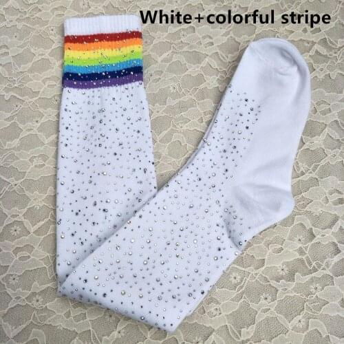 Clearance Women Bling Solid Color Long Stockings Girls Harajuku Hiphop Striped Hold-Ups Street Skateboard Over-Knee Socks