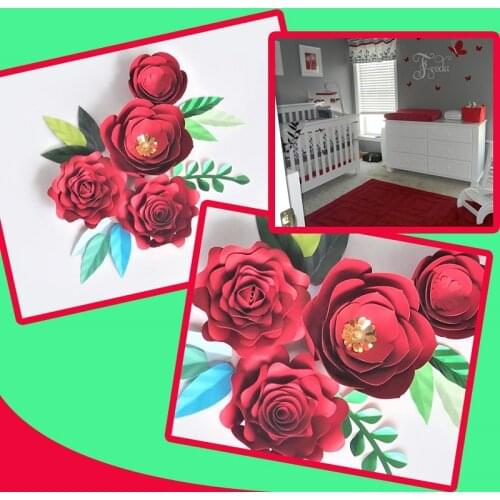 DIY Giant Paper Flowers Red Rose Fleurs Backdrops 4pcs+10 Leave For Wedding Party Decorations Baby Nursery Video Tutorial