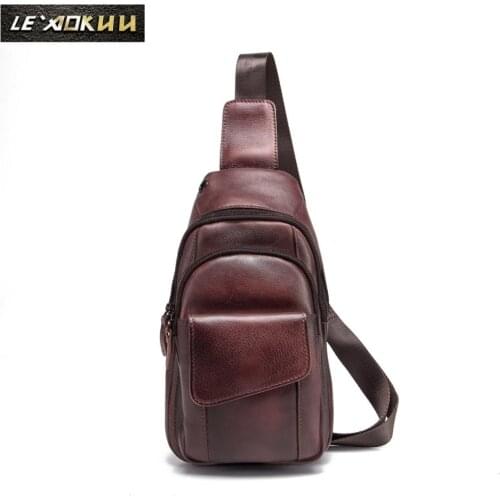 Hot Sale Men Crazy Horse Leather Casual Fashion Daypack Chest Sling Bag 8" Tablet Design One Shoulder Cross body Bag Male 8013w