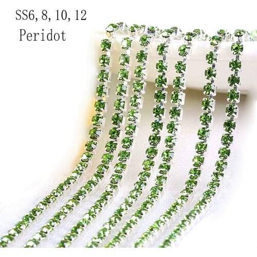 SS6,8,10,12 10m All Size Strass peridot cup chain crystal rhinestone trimming sew on trim fabric wedding dress Shiny Rhinestones