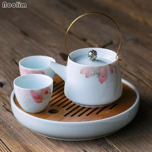 NOOLIM Longquan Celadon Hand-Painted Lotus Teapot Jingdezhen Handmade Ceramic Tea Pot With Handle Filter Office Kung Fu Kettle