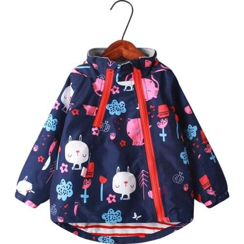 Cute Cat and Flowers Print Baby Girls Coat For 2-9Years Children Double-deck Hooded Windbreake Zipper Jacket Autumn Winter Top