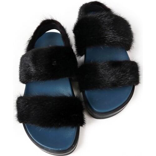Summer casual women flat sandals lady real mink fur sandals