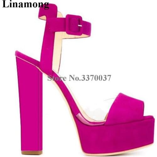Linamong Fashion Peep Toe PVC Straps High Platform Chunky Heel Sandals Ankle Straps Transparent Suede Leather High Heel Sandals